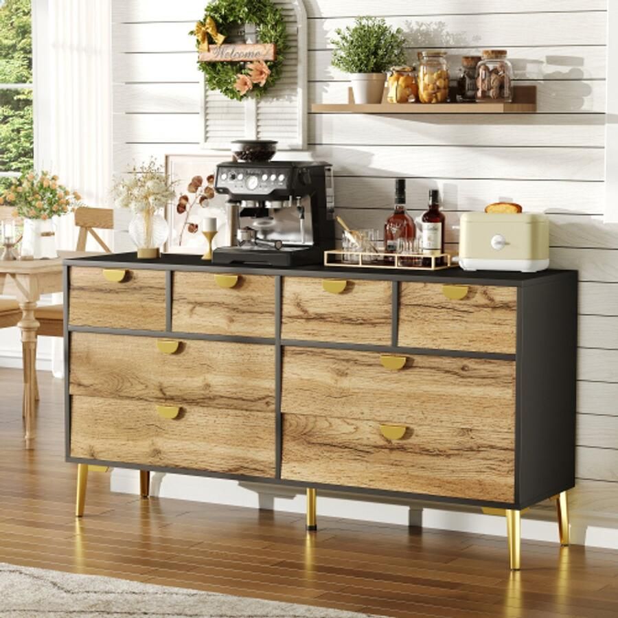 Merlooks L150*B40*H78cm Modern dressoir met 8 laden zwart & houtkleuren minimalistisch design gouden metalen handgreep metalen poten voor woonkamer en eetkamer