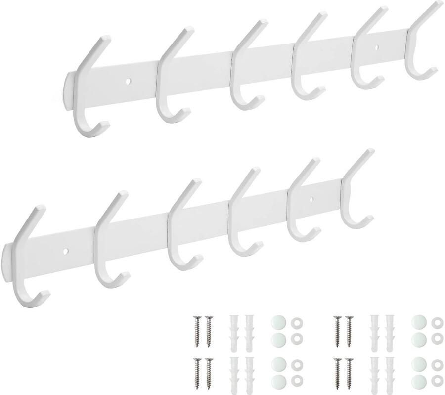 LA BONHEUR kapstokhaken 2 stuks wand wandhaken badkamer keuken deur garderobe kapstokhaken voor kleding roestvrij staal schilderproces jas houder (wit 6 haken) 42 cm