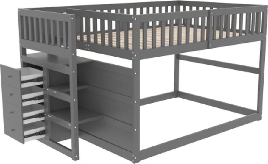 Laag stapelbed 140 x 200 cm veilig stapelbed met opbergvak hoog hekwerk houten bed grijs