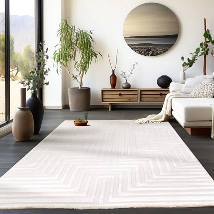 Laagpolig tapijt met geometrisch design in crème modern Scandinavisch stijl wasbaar en comfortabel 80 x 250 cm