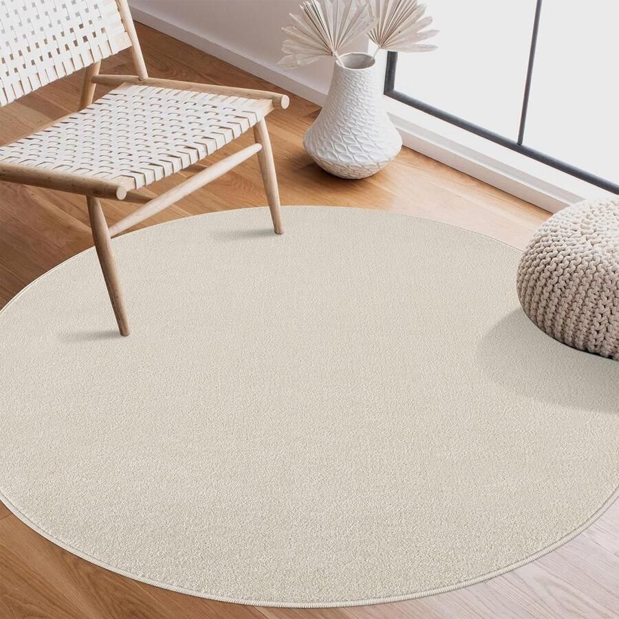 Laagpolig tapijt modern effen crème 120 cm rond voor woonkamer slaapkamer werkkamer hal kinderkamer keuken