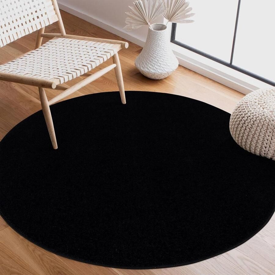 Laagpolig tapijt zwart modern effen 120 cm rond voor woonkamer slaapkamer werkkamer hal kinderkamer keuken