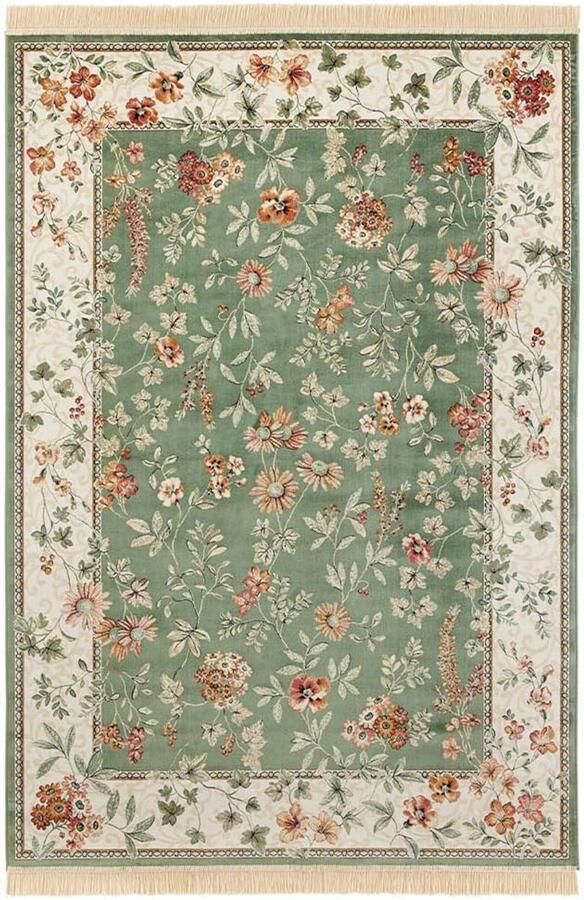 Laagpolig Vintage Oosters Woonkamertapijt met Franjes Fluwelen Tapijt voor Eetkamer Woonkamer en Slaapkamer Groen 135 x 195 cm