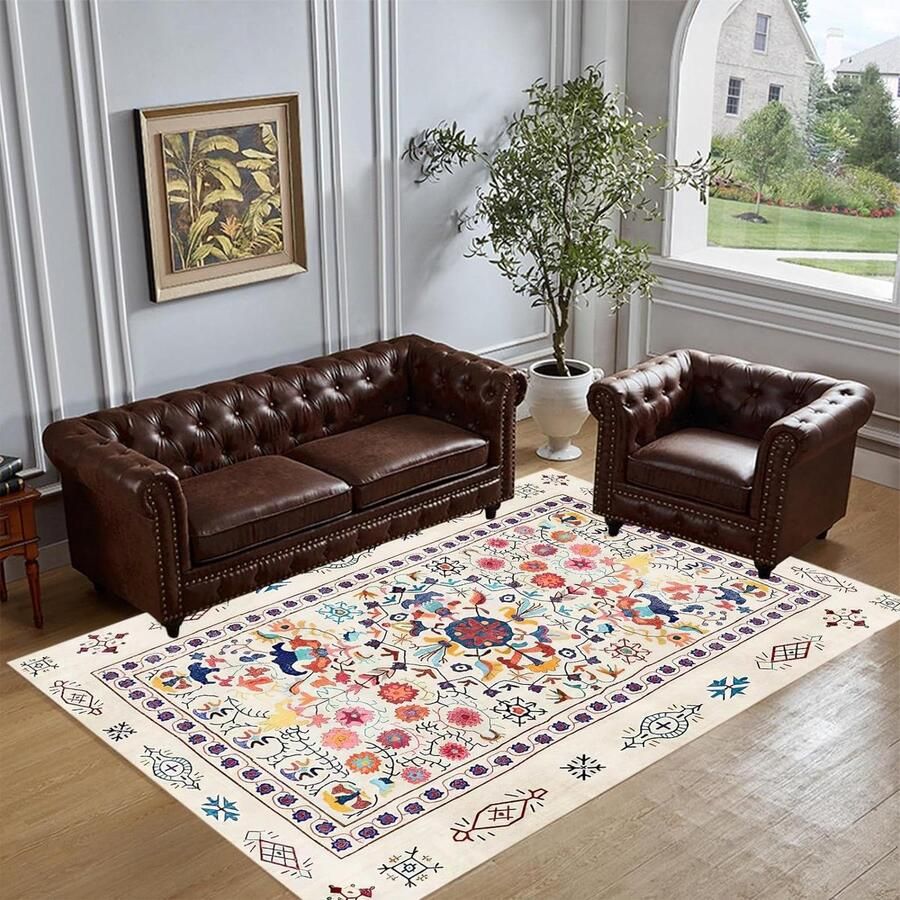 Laagpolig Vloerkleed 140 x 200 cm Woonkamer Slaapkamer Oranje Geel Rood Turquoise Blauw Cyaan Emerald Groen Roze Crème Antiek Wit Veelkleurig Bloemen-Emerald Groen