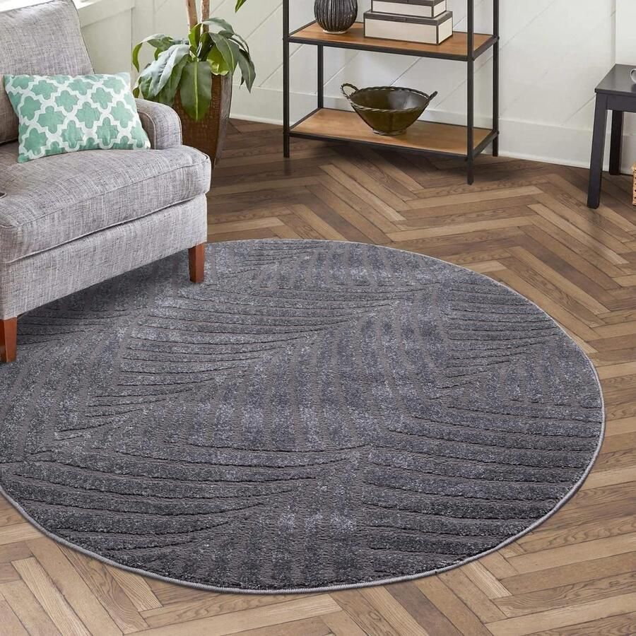 Laagpolig vloerkleed grijs antraciet 160 cm rond frisee met 3D-effect bloemenpatroon voor woonkamer slaapkamer hal eetkamer