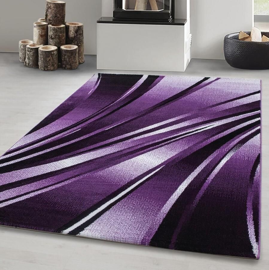 Laagpolig vloerkleed in Lila met Abstracte Golven Ideaal voor Woonkamer en Eetkamer 160 x 230 cm