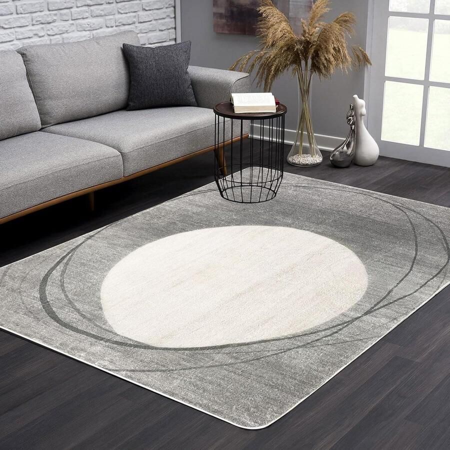 Laagpolig woonkamertapijt modern geometrisch ontwerp cirkelvormig patroon antislip decoratief slaapkamertapijt lichtgrijs beige 120 x 160 cm