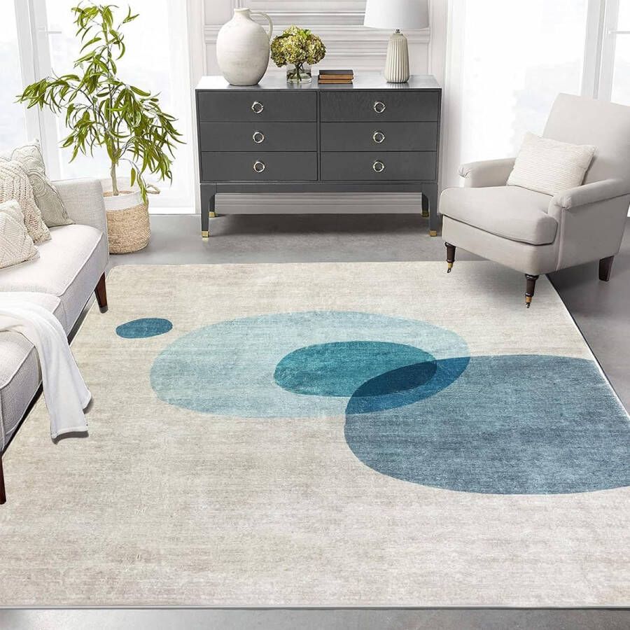 Laagpolig vloerkleed voor de woonkamer Modern geometrisch ontwerp Tapijten Cirkelpatroon Vloerkleed Antislip Decoratieve tapijten voor slaapkamer (lichtblauw beige 120 x 160 cm)