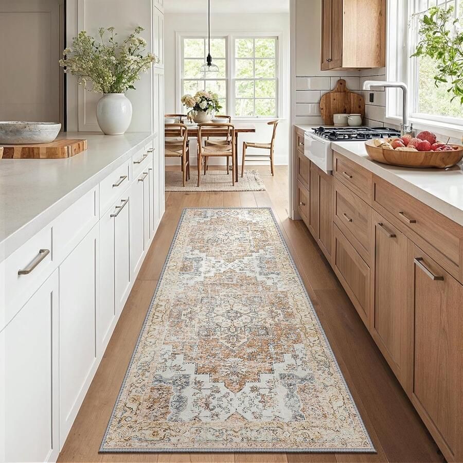 Laagpolig vloerkleed wasbaar en antislip 1 stuk oranje 80 x 200 cm