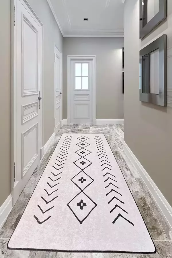Laagpolig woonkamertapijt modern geometrisch antislip vloer hal tapijt gel loper zwart-wit (Fiona 80 x 150 cm)
