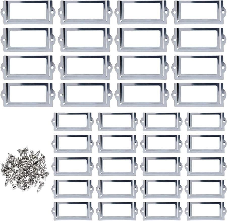 Label Houder Metalen Frame Zilver 36 Stuks Voor Plank Kasten en Archiefkasten in Kantoor of Bibliotheek met Schroeven