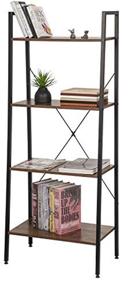 Ladder Boekenkast met 4 Planken Multifunctionele Opbergoplossing voor Huiskamer Keuken en Badkamer 60x35x148 cm Zwart met Walnoot
