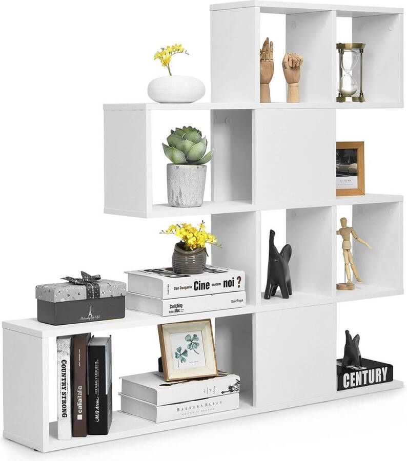 Ladder Boekenkast met 5 planken en deuren decoratieve houten planken voor woonkamer en kantoor (wit)