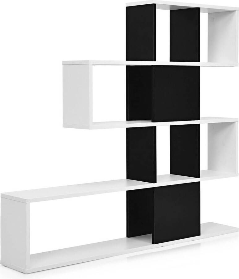 Ladder Boekenkast met 5 planken en deuren decoratieve houten planken voor woonkamer en kantoor (zwart en wit)