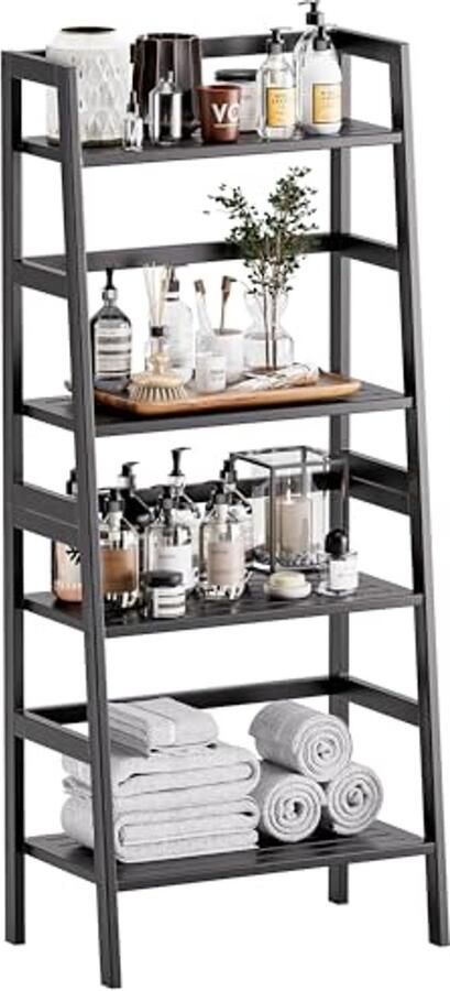 Ladder Boekenplank 4-laags Bamboe Multifunctionele Leunende Boekenkast voor Kleine Ruimtes