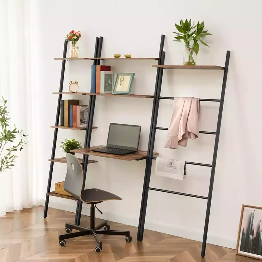 Ladderkast industriele boekenkast – stand boetenrek 5 niveaus stabiel wandleuningrek – plantenrek metalen frame – kantoor – keuken – woonkamer – vintage