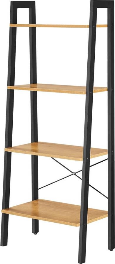 Ladderplank 4-laags boekenplank boekenkast voor woonkamer slaapkamer keuken thuiskantoor industriële stijl stalen frame honingbruin en zwart LLS044B05