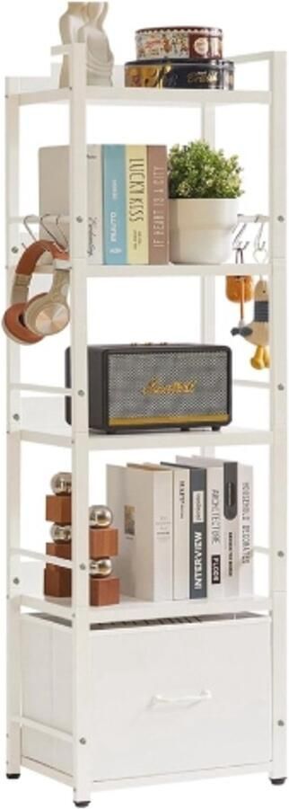 Retadou Ladderplank boekenkast boekenplank met 5 niveaus en lade plantenstandaard boekenplanken voor woonkamer slaapkamer keuken stalen frame wit