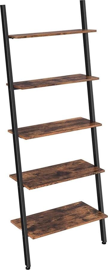 Ladderplank boekenkast met 5 niveaus scheve plank woonkamer keuken kantoor ijzer stabiel hellend leunend tegen de muur industrieel design vintage bruinzwart LLS46BX