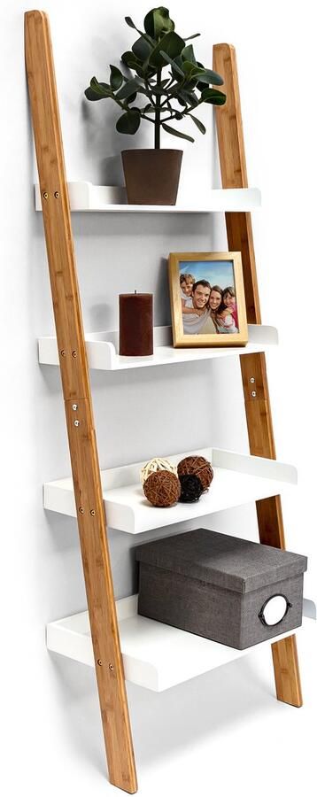 Relaxdays ladderrek bamboe 4 planken 144 x 56 x 34 cm voor woonkamer hoog natuur-wit