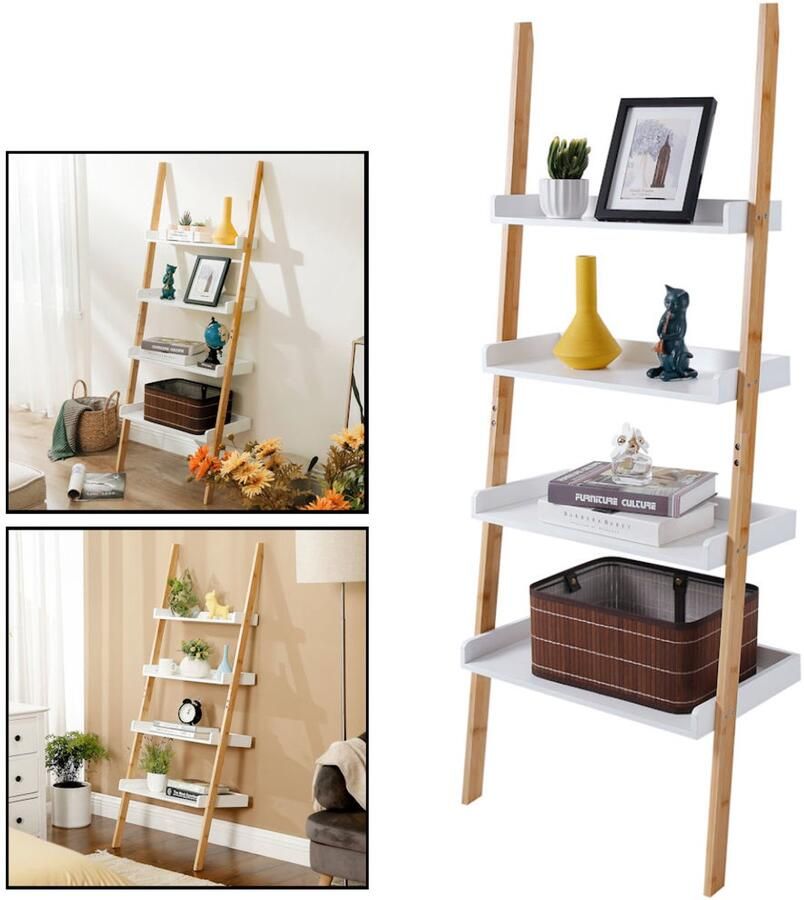 Decopatent Ladderrek bamboe hout Houten decoratie ladder Open ladderkast Ladder rek Plantentrap Boekenkast Traprek - Foto 2