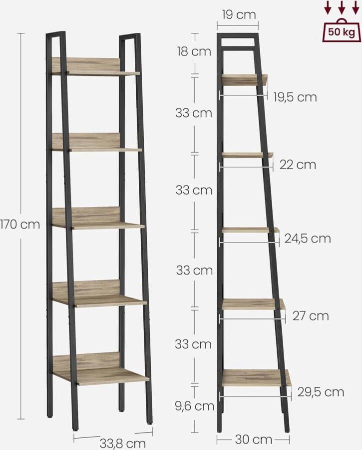 Ladderrek Boekenkast met 5 niveaus opbergkast op poten kantoor woonkamer slaapkamer keuken industriële stijl kameelbruin en zwart LLS109B50V2