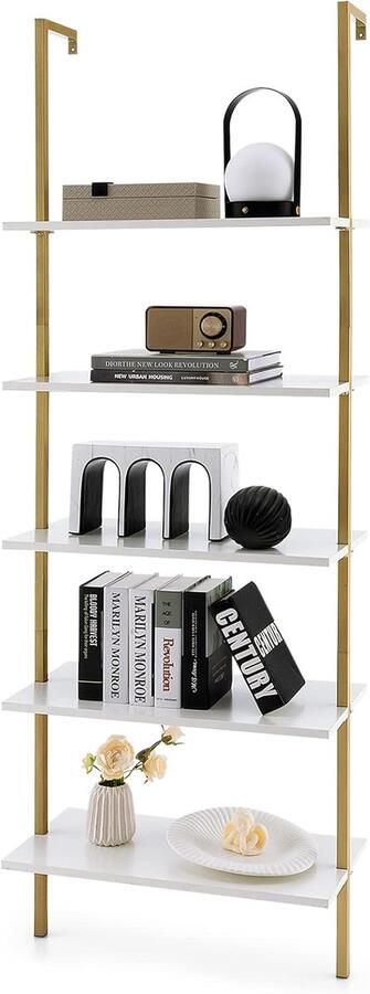 Ladderrek Goud – Staande Boekenkast met 5 Niveaus Smalle Plank 60x30x180 cm Metalen Frame Modern Design