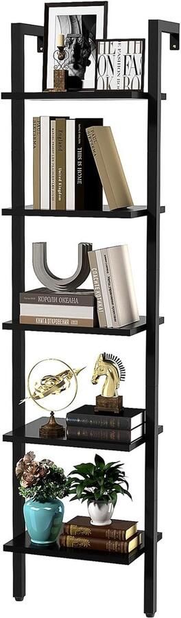 Ladderrek met 5 niveaus boekenkast doe-het-zelf staand rek houten rek metalen frame wandmontage voor boeken decoratie planten voor woonkamer kantoor balkon zwart