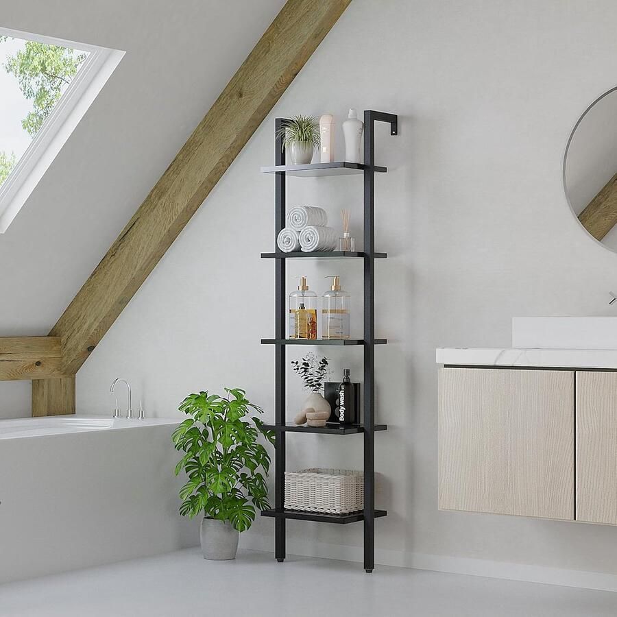 Ladderrek met 5 niveaus boekenkast doe-het-zelf staand rek houten rek metalen frame wandmontage voor boeken decoratie planten voor woonkamer kantoor balkon zwart