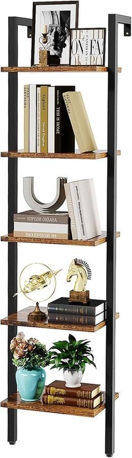 Ladderrek met 5 niveaus boekenkast doe-het-zelf staand rek van hout metalen frame wandmontage voor boeken decoratie planten voor woonkamer kantoor balkon rustiek bruin