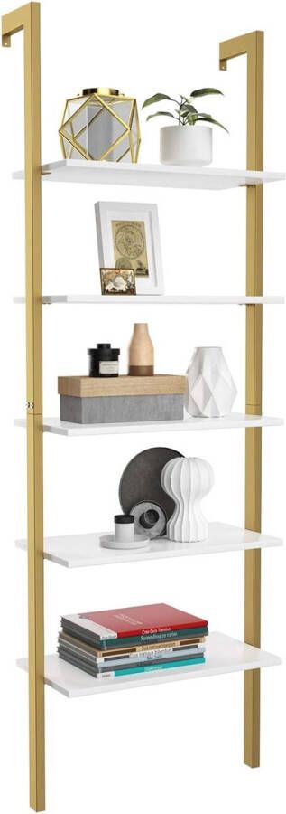 Ladderrek met 5 niveaus staand rek boekenkast met metalen frame traprek voor kantoor keuken woonkamer 61 x 30 x 183 cm (goud)