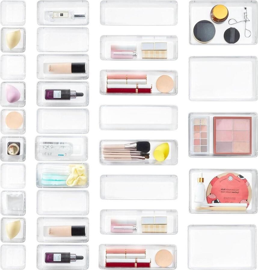 33 Pieces Drawer Desk Bathroom Organizer Sideboard Dividers Trays Storage Bins Separation Box for Makeup Office Jewelry Gadgets Bedroom White