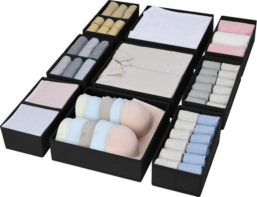 Lade-organizer 12 stuks opvouwbare opbergdozen stof opbergdozen opbergsysteem kledingkast organizer voor sokken stropdassen ondergoed cosmetica zwart