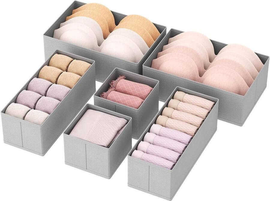 Lade-organizer: set van 6 opvouwbare stoffen ladescheiders voor kledingopbergdoos grijs
