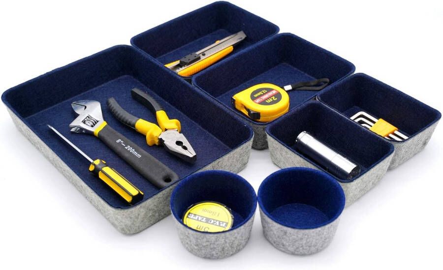 Lade-organizer vilten opbergcontainer kantoororganizer plat klein bureau 7-delig marineblauw