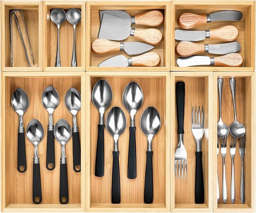Lade Organizer voor Bamboe Materialen Trays 8 Pak Ladeverdelers voor Platwaren en Zilverwaren Bestek Hobby Opslag Keukenkasten Kelder Kantoor Slaapkamer