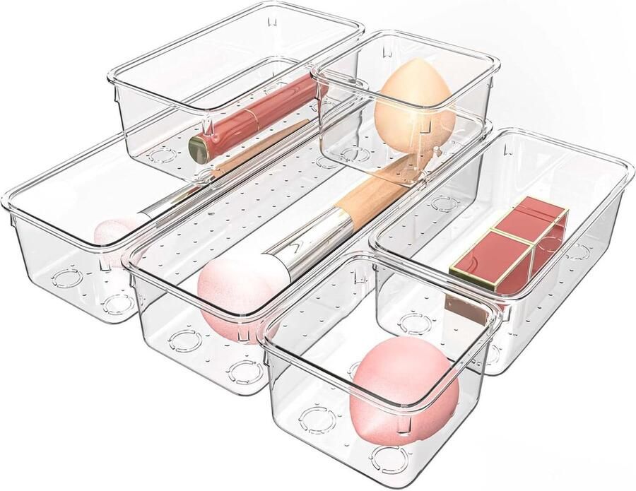 Lade-organizers Set van 6 doorzichtige lade opbergbakken met antislip pads Veelzijdige acryl plastic bureauorganizer Voor make-up ijdelheid keuken badkamer en kantoor