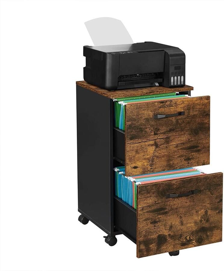 Rootz Living Rootz Ladeblok Kantoorkast Archiefkast Op Wielen 2 Laden Documenten Industrieel Bruin Zwart Bewerkt Hout Metaal 42 x 40 x 70 cm