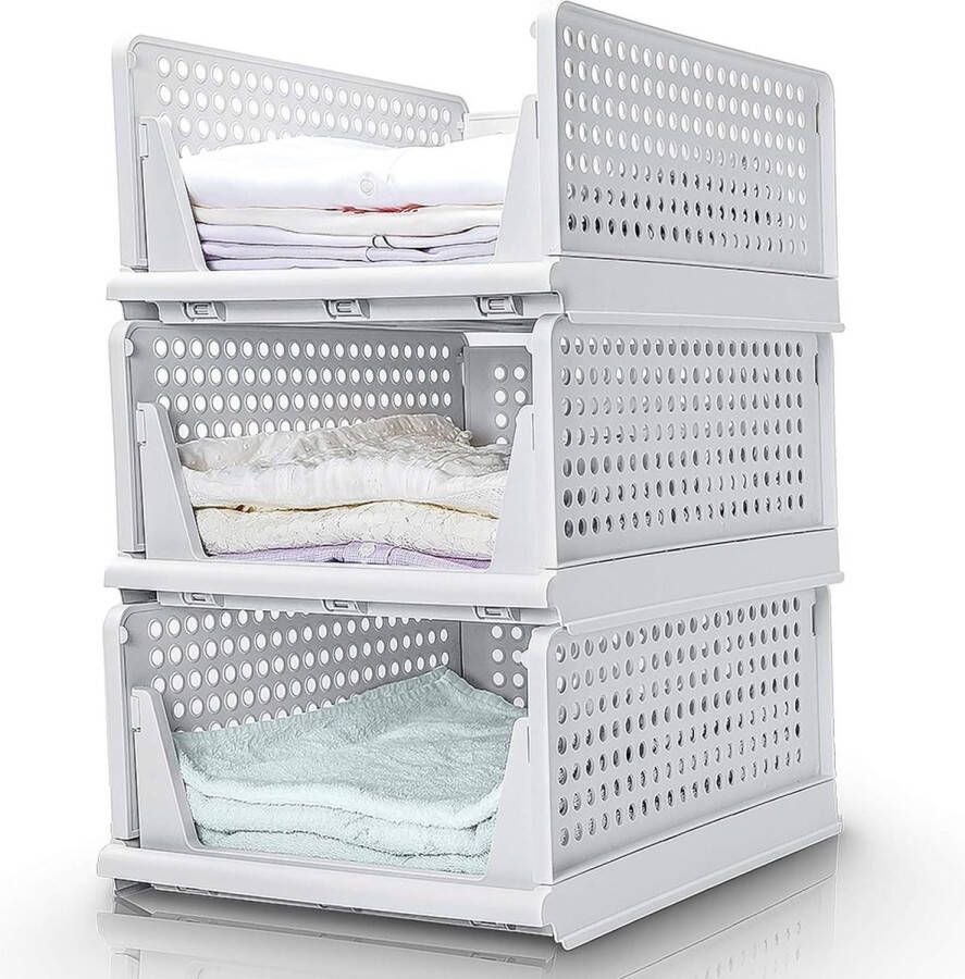 Ladebox set van 3 stapelbare kledingkast organizer rek opbergdoos scheidingswand stapelladen voor kleding keuken slaapkamer wit (groot: 43 x 33 x 19 cm)