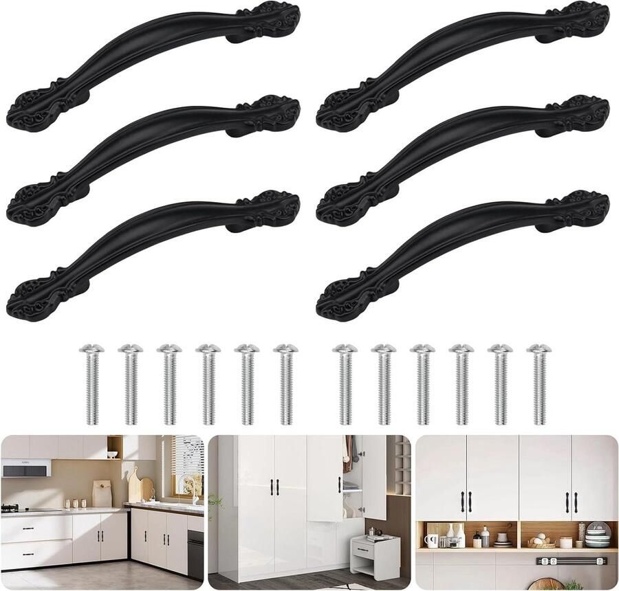 Allecto Plus 6-delige set ladehandgrepen vintage meubelhandgrepen gatafstand 64mm retro kasthandgreep zwart voor tuindeur keukenkastdeuren ladehandgrepen zwart