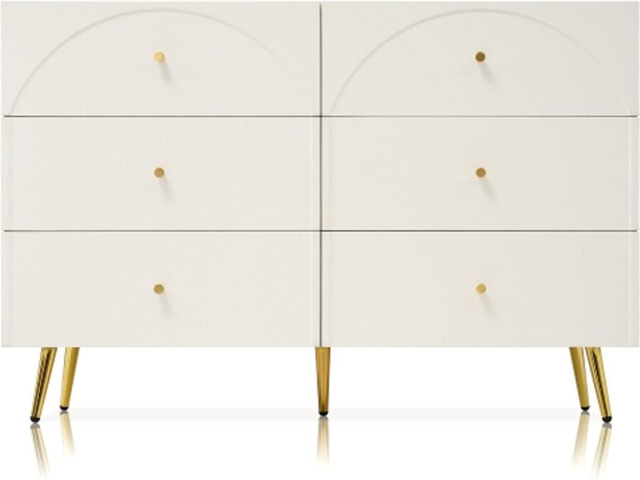 Ladekast 120x40x85cm Dressoir Creme-Wit Hout Met 6 Lades Veel Opbergruimte Modern Design Geschikt Voor Slaapkamer Woonkamer