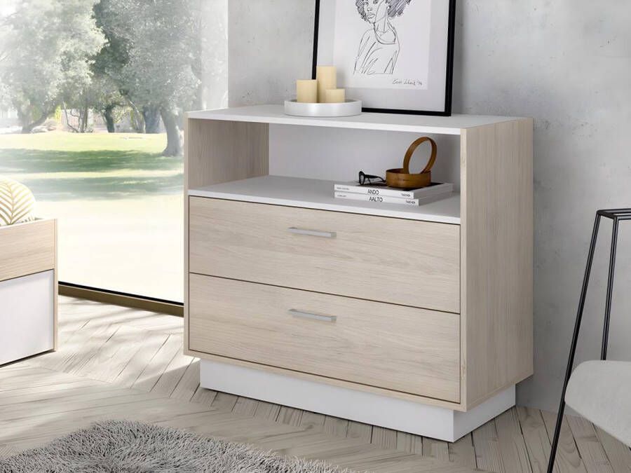 Ladekast 2 lades en 1 nis Naturelkleur en wit LEANDRE L 92 cm x H 78 cm x D 40 cm - Foto 2