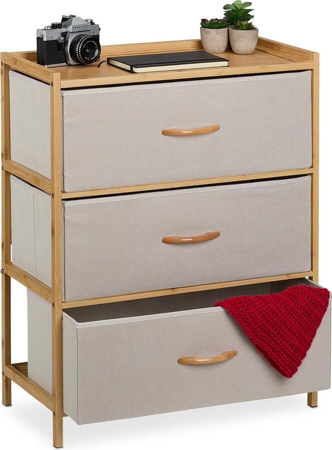 Relaxdays ladekast halkast opbergkastje bijzetkast gang 3 lades bamboe stof beige