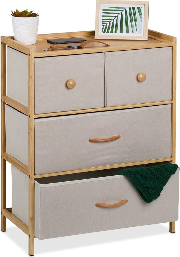 Relaxdays ladekast dressoir opbergkastje bijzetkast hal 4 lades bamboe stof beige