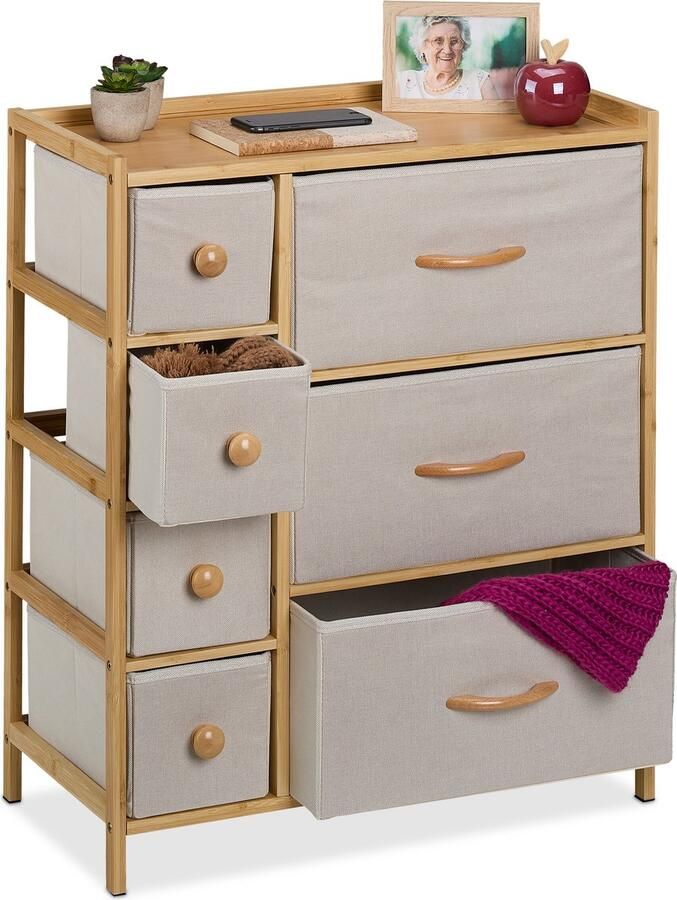 Relaxdays ladekast halkast commode opbergkastje slaapkamer 7 lades bamboe beige