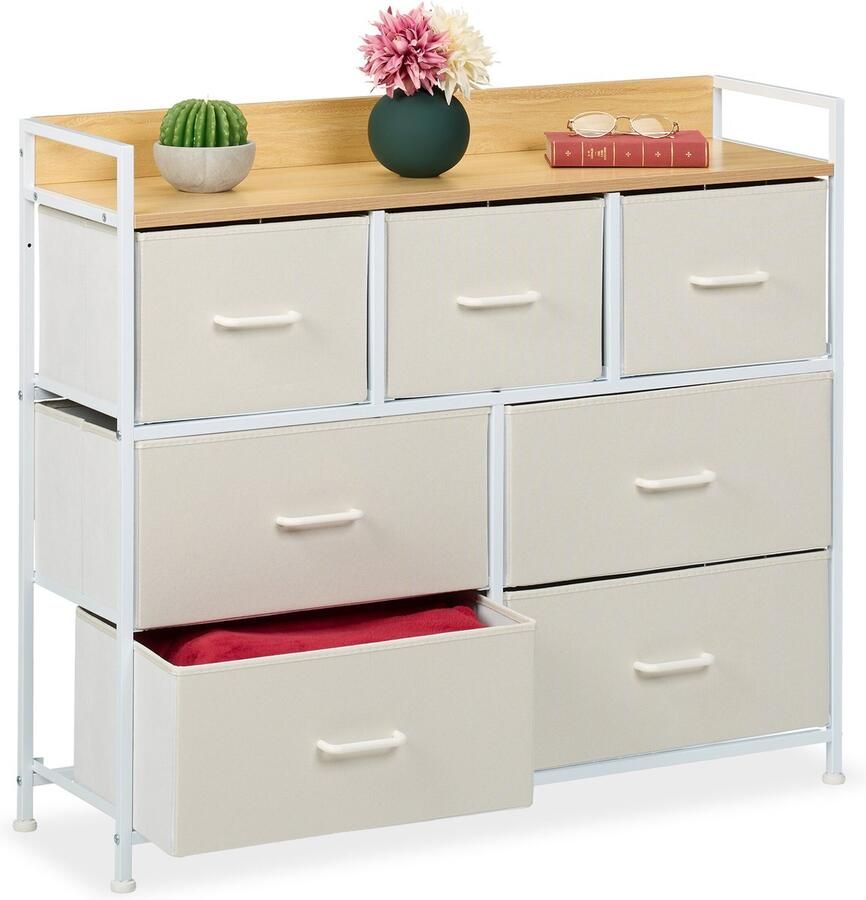 Relaxdays ladekast 85 x 100 x 30 5 cm 7 lades metaal stof slaapkamer beige-wit