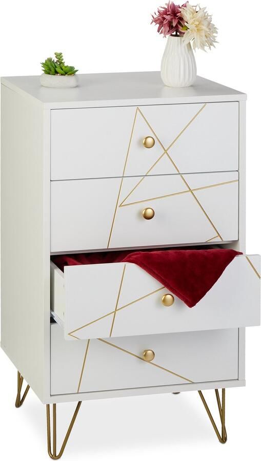 Relaxdays ladekast 86 x 48 x 39 cm 4 lades hairpin poten slaapkamer woonkamer wit goud