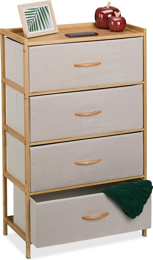 Relaxdays ladekast halkast opbergkast bijzetkast dressoir bamboe 4 stoffen lades beige