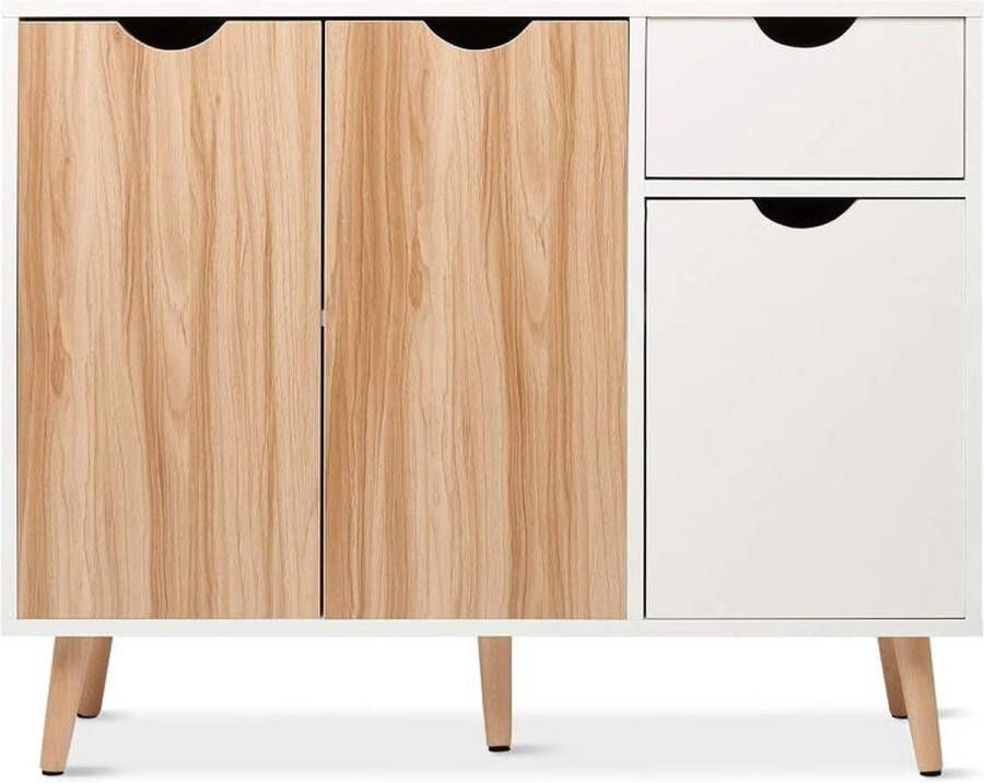 UA Furniture ladekast dressoir hout met 1 lade en 3 deuren voor woonkamer slaapkamer hal wit en naturel 90 x 30 x 73 cm