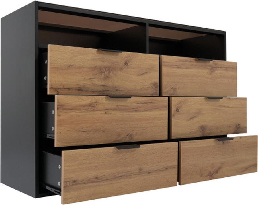 Zonder merk Gotagee Ladekast dressoir van amberkleurig glas dressoir met metalen handgrepen ladekast met 6 laden en 2 compartimenten kantelveilig 120x40x80cm eikenkleur